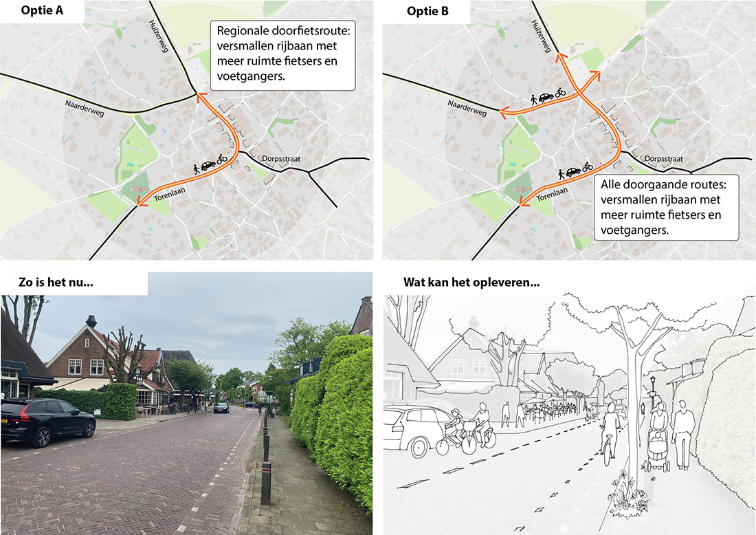 In de afbeelding zijn optie A en B verbeeld zoals hierboven beschreven. Daarnaast is een mogelijk toekomstbeeld te zien van wat de ingrepen op kunnen leveren.