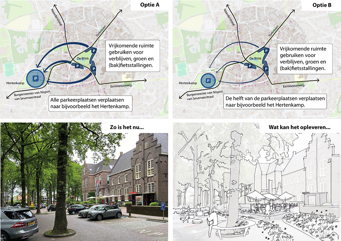 In de afbeelding zijn optie A en B verbeeld zoals hierboven beschreven. Daarnaast is een mogelijk toekomstbeeld te zien van wat de ingrepen op kunnen leveren.