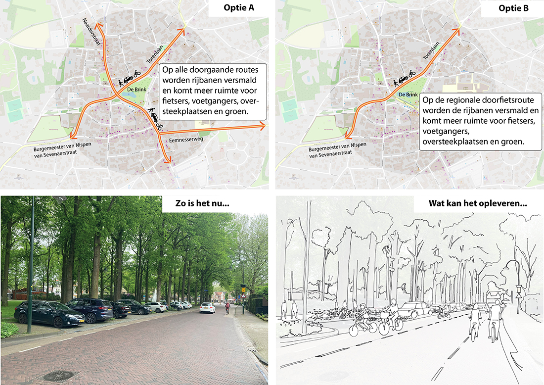 In de afbeelding zijn optie A en B verbeeld zoals hierboven beschreven. Daarnaast is een mogelijk toekomstbeeld te zien van wat de ingrepen op kunnen leveren.