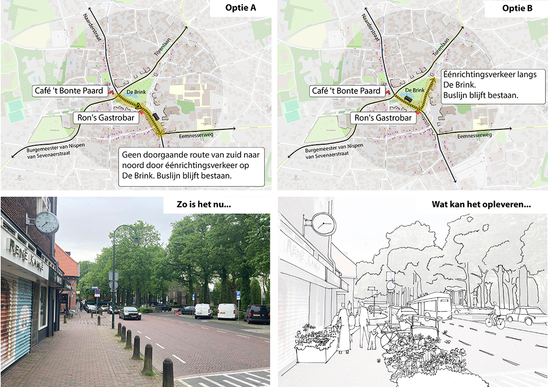 In de afbeelding zijn optie A en B verbeeld zoals hierboven beschreven. Daarnaast is een mogelijk toekomstbeeld te zien van wat de ingrepen op kunnen leveren.