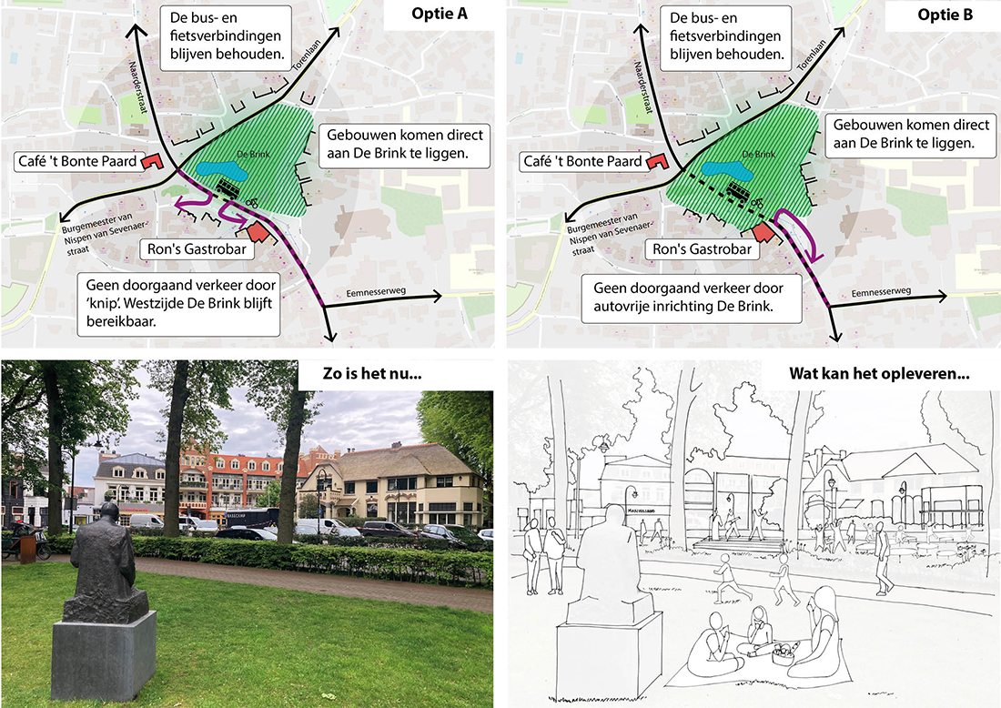 In de afbeelding zijn optie A en B verbeeld zoals hierboven beschreven. Daarnaast is een mogelijk toekomstbeeld te zien van wat de ingrepen op kunnen leveren.