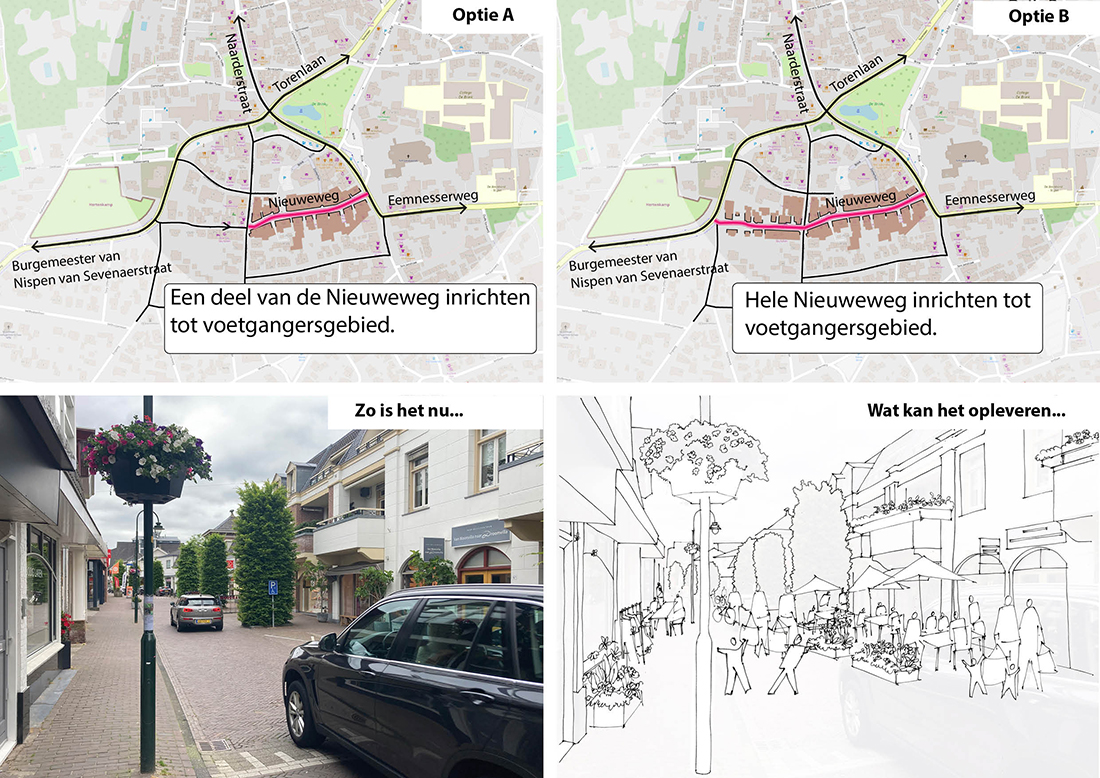 In de afbeelding zijn optie A en B verbeeld zoals hierboven beschreven. Daarnaast is een mogelijk toekomstbeeld te zien van wat de ingrepen op kunnen leveren.